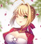  ;p ahoge blonde_hair blurry blurry_background blush breasts cleavage cleavage_cutout depth_of_field eyebrows_visible_through_hair fate/extra fate_(series) green_eyes hair_intakes itsuki_(yishu) large_breasts looking_at_viewer motion_blur nero_claudius_(fate) nero_claudius_(fate)_(all) one_eye_closed petals red_skirt shiny shiny_hair short_hair sidelocks skirt smile solo tongue tongue_out upper_body wind 