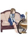  black_cat blue_hat blue_skirt brown_eyes brown_hair cat couch dressing full_body hat hat_removed headwear_removed highres long_hair looking_at_viewer official_art on_couch pantyhose princess_principal princess_principal_game_of_mission shirley_collins sitting skirt smile transparent_background very_long_hair watch wheelchair 