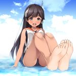  barefoot black_hair brown_eyes commentary_request feet headgear highres i-400_(kantai_collection) imachireki kantai_collection long_hair looking_at_viewer open_mouth orange_sailor_collar perspective pov_feet sailor_collar sailor_shirt school_swimsuit shirt sleeveless sleeveless_shirt smile soles solo swimsuit swimsuit_under_clothes toes 