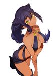  :3 absurdres arched_back ass bikini_top black_footwear boots braid breasts cleavage closed_mouth collarbone dark_skin eyebrows_visible_through_hair from_above gem halter_top halterneck hand_on_own_arm highres jahy jahy_sama_wa_kujikenai konbu_wakame long_hair looking_at_viewer looking_up medium_breasts o-ring o-ring_bikini o-ring_top official_art purple_bikini_top purple_hair purple_shorts shorts sidelocks simple_background single_braid solo thigh_boots thighhighs thighs v-shaped_eyebrows very_long_hair white_background 