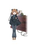  :d antique_telephone bangs beatrice_(princess_principal) black_cape blunt_bangs brown_eyes brown_footwear brown_hair bun_cover cape desk double_bun full_body highres looking_at_viewer makaria official_art open_mouth phone princess_principal princess_principal_game_of_mission short_hair smile solo standing transparent_background 
