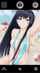  areola_slip areolae bangs black_hair blue_eyes breasts cellphone cleavage collarbone holding holding_phone juujuu kill_la_kill kiryuuin_satsuki long_hair looking_at_viewer navel phone reaching_out self_shot slingshot_swimsuit smartphone solo swimsuit taking_picture thick_eyebrows 