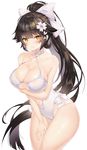  azur_lane bad_id bad_pixiv_id bangs bare_arms bare_shoulders black_hair blush breast_hold breasts casual_one-piece_swimsuit cleavage closed_mouth collarbone commentary covered_navel criss-cross_halter eyebrows_visible_through_hair floating_hair flower hair_between_eyes hair_flaps hair_flower hair_ornament hair_ribbon halterneck hand_on_own_thigh high_ponytail highres large_breasts leaning_forward legs_together long_hair looking_at_viewer mellozzo one-piece_swimsuit ponytail ribbon see-through shiny shiny_hair shiny_skin sidelocks simple_background solo standing swimsuit takao_(azur_lane) thick_thighs thighs twitter_username very_long_hair white_background white_flower white_ribbon white_swimsuit wide_hips yellow_eyes 