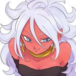  android_21 bandeau bare_shoulders blue_eyes breasts choker cleavage collarbone commentary_request dragon_ball dragon_ball_fighterz ear_piercing earrings half-closed_eyes highres hoop_earrings jewelry long_hair majin_android_21 messy_hair off_shoulder piercing pointy_ears smile strapless tkgsize tubetop upper_body very_long_hair white_hair 