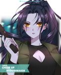  atobesakunolove bangs black_sweater blurry blurry_background blush breasts casual character_name cleavage cleavage_cutout english forehead green_jacket gun handgun highres holding holding_gun holding_weapon jacket lips long_hair medium_breasts open_clothes open_jacket overwatch parted_bangs parted_lips pistol ponytail purple_hair purple_skin solo sweater tsurime upper_body watermark weapon web_address widowmaker_(overwatch) wristband yellow_eyes 