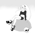  1girl closed_mouth crop_top eyebrows gothetta_gothetticus gruftine high_heels long_hair maniacbox navel ponytail school_for_vampires shoes shorts simple_background skull solo vampire 