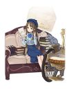  black_cat blue_hat blue_skirt book_stack brown_eyes brown_hair cat couch full_body hat highres letter long_hair official_art on_couch princess_principal princess_principal_game_of_mission reading scratching_cheek shirley_collins sitting skirt transparent_background very_long_hair watch wheelchair white_footwear 