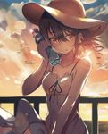  arm_at_side asuzemu bangs bare_shoulders blue_ribbon blurry breasts brown_hair cloud cloudy_sky collarbone commentary_request depth_of_field dress eyebrows_visible_through_hair hair_between_eyes hand_up hat holding lens_flare looking_at_viewer moe2018 original outdoors parted_lips railing ramune ribbon short_hair sky small_breasts solo standing sun_hat sundress sunset white_dress window yellow_eyes 