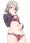  blue_eyes blush bow bow_panties bra breasts cleavage clothes_lift eyebrows_visible_through_hair grey_hair hand_on_own_stomach lace lace-trimmed_bra lace-trimmed_panties lingerie love_live! love_live!_sunshine!! medium_breasts midriff navel panties purple_bra purple_panties shirt_lift short_hair simple_background solo stomach suzume_miku sweater sweater_lift underwear undressing watanabe_you white_background 