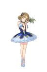  ballerina ballet_slippers bare_shoulders blue_skirt brown_hair detached_sleeves flower full_body green_eyes hair_flower hair_ornament hands_up head_tilt highres holding holding_flower lily_of_the_valley looking_at_viewer maria_florence official_art princess_principal princess_principal_game_of_mission puffy_short_sleeves puffy_sleeves short_hair short_sleeves skirt solo standing tiptoes transparent_background 