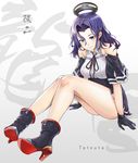  bare_shoulders breasts character_name closed_mouth devildogs gloves hair_intakes highres kantai_collection large_breasts mechanical_halo neck_ribbon purple_eyes purple_hair remodel_(kantai_collection) ribbon school_uniform short_hair smile solo tatsuta_(kantai_collection) 