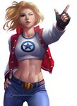  blonde_hair blue_eyes blue_mary cowboy_shot deviantart_username fingerless_gloves gloves hand_on_hip highres looking_away midriff one_eye_closed parted_lips pointing shirt short_hair solo standing tekino the_king_of_fighters vest white_background white_shirt 