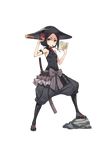  bare_shoulders black_eyes black_hair black_hat black_legwear breasts flower full_body glint hair_flower hair_ornament hat highres katana looking_at_viewer makaria mouth_hold official_art paintbrush princess_principal princess_principal_game_of_mission rock sandals sheath short_hair small_breasts spyglass standing sword toudou_chise transparent_background weapon 
