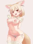  animal_ears areolae atama_neko_(atamaneko_110100) blonde_hair bow bowtie bra breasts brown_eyes commentary_request cowboy_shot cupless_bra extra_ears eyebrows_visible_through_hair fennec_(kemono_friends) fox_ears fox_tail fur-trimmed_gloves fur-trimmed_legwear fur_trim gloves grey_background hands_up heart heart-shaped_pupils highres kemono_friends large_areolae looking_at_viewer medium_breasts navel nipples open_mouth panties side-tie_panties simple_background solo symbol-shaped_pupils tail thighhighs underwear white_gloves white_neckwear white_panties 
