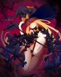  abigail_williams_(fate/grand_order) black_bow black_hat black_panties blonde_hair bow breasts closed_mouth commentary_request fate/grand_order fate_(series) freze hand_on_headwear hat hat_bow head_tilt highres long_hair looking_at_viewer medium_breasts navel orange_bow panties polka_dot polka_dot_bow purple_eyes revealing_clothes solo topless underwear very_long_hair witch_hat 