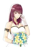  absurdres blush bouquet breasts cleavage dress fate/grand_order fate_(series) finger_to_eye flower gloves highres large_breasts long_hair purple_hair red_eyes scathach_(fate)_(all) scathach_(fate/grand_order) shi_(user_ptm0299) solo white_dress white_gloves 