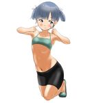  bike_shorts blush breasts commentary_request full_body grey_eyes grey_hair highres kantai_collection looking_at_viewer medium_hair navel ooshio_(kantai_collection) shoes shorts simple_background small_breasts solo sports_bra tama_(seiga46239239) twintails white_background 