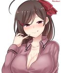  absurdres ahoge blush breasts brown_eyes brown_hair cleavage hair_ornament hair_ribbon hairclip highres kantai_collection kiritto large_breasts long_hair long_sleeves mamiya_(kantai_collection) pink_shirt red_ribbon ribbon shirt simple_background smile solo suggestive_fluid tongue tongue_out twitter_username white_background 