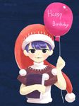  2018 :3 balloon bangs bare_arms black_capelet blush book capelet cropped_torso dated doremy_sweet dress eyebrows happy_birthday hat holding holding_balloon holding_book itatatata looking_at_viewer nightcap open_mouth pom_pom_(clothes) purple_eyes purple_hair red_hat short_hair smile solo touhou turtleneck upper_body white_dress 