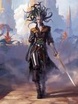  2018 88grzes clothed clothing detailed_background female gorgon holding_object holding_sword holding_weapon humanoid looking_at_viewer magic_the_gathering solo standing vraska weapon 