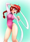  absurdres blue_background blue_eyes braid commentary_request feet_out_of_frame genderswap genderswap_(mtf) gymnast_leotard gymnastics_ribbon highres leotard looking_back nanao_futaba open_mouth pink_leotard ranma-chan ranma_1/2 red_hair saotome_ranma single_braid solo standing 