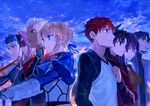  4girls archer artoria_pendragon_(all) blonde_hair bob_(biyonbiyon) bow covering_eyes cross cross_necklace emiya_shirou fate/stay_night fate_(series) hair_bow hair_ornament hair_ribbon highres jewelry kotomine_kirei lancer matou_sakura multiple_boys multiple_girls necklace red_hair ribbon rider saber toosaka_rin 