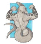  2014 abstract_background anthro anyare back_muscles biceps big_tail biped blue_eyes butt chance_(stripes) colored_pencil_(artwork) fin fish flexing grey_skin grey_tail grin half-length_portrait head_fin long_tail looking_at_viewer looking_back male marine muscular muscular_male nude portrait pose rear_view shark signature smile solo tail_fin tattoo teeth thick_tail traditional_media_(artwork) 