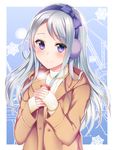  brown_coat can coat earmuffs hairband holding holding_can interstellar kantai_collection long_hair looking_at_viewer purple_eyes purple_hairband sagiri_(kantai_collection) silver_hair smile solo sweater upper_body winter_clothes 