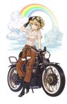  :d black_footwear black_gloves blonde_hair blue_eyes boots breasts brown_pants cleavage cloud cross-laced_footwear full_body glint gloves goggles goggles_on_head ground_vehicle highres jane_mclean lace-up_boots looking_at_viewer medium_breasts motor_vehicle motorcycle official_art open_mouth pants pocket pouch princess_principal princess_principal_game_of_mission rainbow short_hair smile solo standing transparent_background 