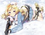  ammunition_pouch ankle_boots bangs belt beret blonde_hair blue_eyes blue_jacket blue_skirt blush boots closed_mouth commentary_request fingerless_gloves fur-trimmed_jacket fur_trim girls_frontline gloves gun hat highres hips jacket jju_kumey looking_at_viewer lying magazine_(weapon) medium_hair multicolored_hair navel neck_ribbon on_stomach ots-44_(girls_frontline) outdoors pleated_skirt pouch ribbon rifle scope sidelocks skirt smile sniper_rifle snow snowing socks solo stomach strap streaked_hair thick_eyebrows thigh_strap weapon white_neckwear wrist_straps yellow_footwear 