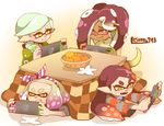  2018 beauty_mark callie_(splatoon) cephalopod clothing dark_skin english_text eyewear fangs female food glasses green_eyes group hairband humanoid inkling lesuna793 marie_(splatoon) marina_(splatoon) marine mask nintendo nintendo_switch not_furry octoling open_mouth pearl_(splatoon) pointy_ears signature smile splatoon tentacle_hair tentacles text video_games yellow_eyes 