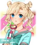  alternate_costume alternate_hairstyle aqua_bow aqua_nails aqua_shirt atobesakunolove bangs blue_eyes blush bow double_bun earrings english eyebrows_visible_through_hair heart highres holding holding_wand jewelry lips long_hair looking_at_viewer mercy_(overwatch) multicolored multicolored_background nail_polish overwatch pink_sailor_collar sailor_collar school_uniform serafuku shirt smile solo wand watermark wavy_hair web_address wing_earrings 