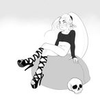  1girl belly bottomless closed_mouth crop_top gothetta_gothetticus gruftine high_heels long_hair navel ponytail school_for_vampires simple_background sitting skull solo stomach tied_hair vampire 