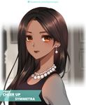  atobesakunolove bare_shoulders black_dress blurry blurry_background brown_eyes brown_hair character_name closed_mouth dark_skin dress earrings english expressionless forehead highres jewelry lips long_hair looking_at_viewer overwatch pearl sleeveless sleeveless_dress solo straight_hair symmetra_(overwatch) upper_body watermark web_address 