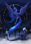  2018 blue_eyes blue_feathers blue_hair dalagar digital_media_(artwork) dragon duo equine feathered_wings feathers female feral friendship_is_magic hair horn mammal my_little_pony princess_luna_(mlp) sitting winged_unicorn wings 