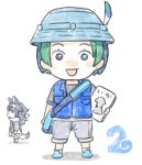  2girls :d bag black_hair blue_eyes blue_vest chibi full_body green_eyes green_hair grey_shorts grey_wolf_(kemono_friends) hat hat_feather heterochromia kemono_friends kyururu_(kemono_friends) looking_at_viewer multicolored_hair multiple_girls murakami_kou_(raye) open_mouth short_sleeves shorts shoulder_bag simple_background sketch smile solo_focus two-tone_hair vest white_background 