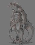  agitype01 anthro big_hands claws clothed clothing male monochrome muscular muscular_male scalie simple_background solo standing 