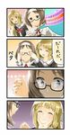  4koma :d ^_^ akihara_sekka anger_vein black-framed_eyewear black_eyes blonde_hair blush bow brown_hair cellphone closed_eyes closed_mouth collared_shirt comic commentary_request covering_eyes eyebrows_visible_through_hair face_grab fingerprint glasses green_eyes hair_bow hairband half_updo holding holding_phone jurakin long_hair multiple_girls neck_ribbon nogi_sonoko open_mouth phone profile red_neckwear red_ribbon ribbon sanshuu_middle_school_uniform school_uniform semi-rimless_eyewear serafuku shaded_face shirt short_hair smartphone smile speech_bubble striped striped_bow sweat text_messaging translation_request under-rim_eyewear white_hairband white_shirt wing_collar yuuki_yuuna_wa_yuusha_de_aru yuuki_yuuna_wa_yuusha_de_aru:_hanayui_no_kirameki yuusha_de_aru 