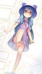  1girl blue_hair blush brown_eyes closed_mouth eyebrows_visible_through_hair feet gluteal_fold kotoha_(mitsuboshi_colors) leg_up loli long_hair looking_at_viewer mitsuboshi_colors no_panties observerz short_sleeves smile soles solo standing standing_on_one_leg toes 