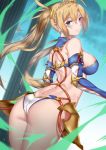  1girl absurdres ass bangs bare_shoulders bikini blonde_hair blue_eyes blush bradamante_(fate/grand_order) braid breasts dutch_angle elbow_gloves eyebrows_visible_through_hair fate/grand_order fate_(series) faulds french_braid from_behind gloves hair_between_eyes highres long_hair looking_at_viewer looking_back medium_breasts shiny shiny_hair shiny_skin smile solo standing swimsuit twintails very_long_hair vitoputr white_bikini 