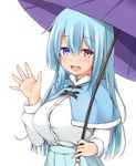  :d alternate_hair_length alternate_hairstyle blue_eyes blue_hair blue_skirt blush breasts button_gap buttons capelet commentary_request eyebrows_visible_through_hair garasuita heterochromia holding holding_umbrella large_breasts long_hair long_sleeves looking_at_viewer older open_mouth pleated_skirt red_eyes shirt simple_background skirt smile solo tatara_kogasa touhou umbrella upper_body waving white_background white_shirt 