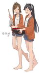  :d alternate_costume bangs bare_legs barefoot black_eyes black_hair black_hairband blue_shorts blush brown_eyes brown_hair character_name clothes_writing commentary_request dated eyebrows_visible_through_hair gloves hairband happi holding i-400_(kantai_collection) i-401_(kantai_collection) jacket japanese_clothes kantai_collection kawashina_(momen_silicon) long_hair long_sleeves looking_at_viewer multiple_girls open_clothes open_jacket open_mouth ponytail red_jacket short_hair shorts sidelocks sign simple_background smile straight_hair swept_bangs walking white_background white_gloves wide_sleeves wok 