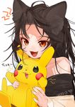  animal_ears artist_name bare_shoulders brown_hair collarbone dated dress fangs fingernails forehead gen_1_pokemon gotoh510 highres holding imaizumi_kagerou long_hair looking_at_viewer messy_hair off-shoulder_dress off_shoulder open_mouth pikachu pokemon pokemon_(creature) red_eyes simple_background smile solo touhou upper_body white_background wolf_ears 