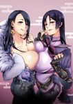  arm_guards armor bangs black_gloves black_hair blue_eyes blush bodysuit breast_press breasts cleavage collarbone commentary_request earrings elbow_gloves fate/grand_order fate_(series) fingerless_gloves fur_trim gloves japanese_armor japanese_clothes jewelry kaguya_hime_(sinoalice) kimono kote large_breasts licking_lips long_hair looking_at_viewer low-tied_long_hair mibry_(phrysm) minamoto_no_raikou_(fate/grand_order) multiple_girls parted_bangs purple_bodysuit purple_eyes purple_hair ribbed_sleeves rope sinoalice skull smile symmetrical_docking tongue tongue_out very_long_hair white_kimono wide_sleeves 