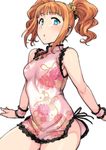  :o aqua_eyes blush breasts china_dress chinese_clothes dress highres idolmaster idolmaster_(classic) no_panties open_mouth orange_hair short_twintails small_breasts strapless strapless_dress takatsuki_yayoi thick_thighs thighs tsurui twintails white_background 