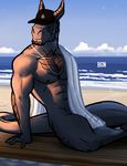  2018 abs anthro beach bgn dante_(bgn) dragon horn jewelry male muscular muscular_male navel necklace nipples nude pinup pose seaside smile solo 