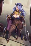  axe bodystocking breasts camilla_(fire_emblem_if) cape cleavage commentary_request cosplay covered_navel fire_emblem fire_emblem:_kakusei fire_emblem_if hair_over_one_eye high_heels large_breasts lips long_hair looking_at_viewer md5_mismatch ochrejelly pelvic_curtain purple_hair solo stairs tharja tharja_(cosplay) thighlet tiara 