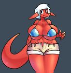  anthro big_breasts bikini blue_eyes breast_squish breasts cleavage clothed clothing female hair huge_breasts lizard moth_(artist) red_knight_(sirphilliam) red_skin reptile scalie shorts simple_background swimsuit thick_thighs unbuttoned voluptuous white_hair wide_hips 