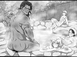  arms_behind_head ass bathing berserker body_markings fate/grand_order fate_(series) gilgamesh golden_kamuy greyscale kyouan_(hiromituisgod) looking_at_viewer lord_el-melloi_ii male_focus merlin_(fate) monochrome multiple_boys muscle no_pupils nude onsen parody smile spartacus_(fate) steam tied_hair waver_velvet wet 