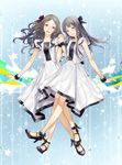  :d alice_(claris) black_hair brown_eyes brown_hair clara_(claris) claris_(group) dress earrings grey_eyes grey_hair hair_ribbon holding_hands jewelry long_hair multiple_girls official_art open_mouth redjuice ribbon smile 